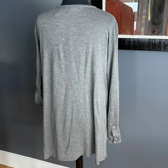 joan vass heather gray lightweight soft tiny button roll tab sleeve cardigan. M - Picture 6 of 8